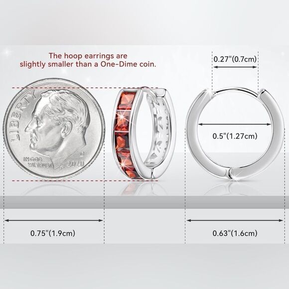 14K White Gold with Red Garnet Cubic Zirconia Princess Cut Huggie Earrings - Picture 3 of 5